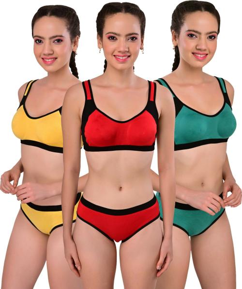 Yana Women Yellow, Green, Red Solid Cotton Blend Set Of 3 Bra And Panty (32)