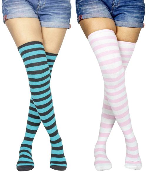 Neska Moda Women's 2 Pair Striped Cotton Thigh-High Stockings (Blue, Pink)