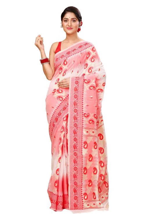 Happy creation Pure Bengali Cotton Tant Jamdani Saree without blouse piece lal sada ikkat