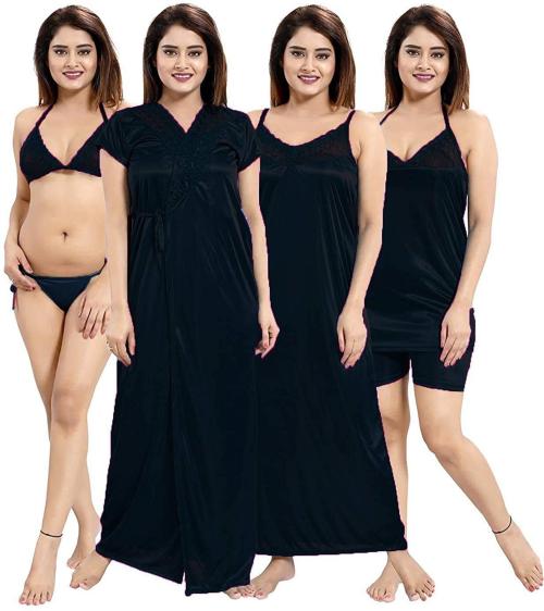 Natkhat Radha Women Black Solid Satin Blend Pack Of 4 Night Dress