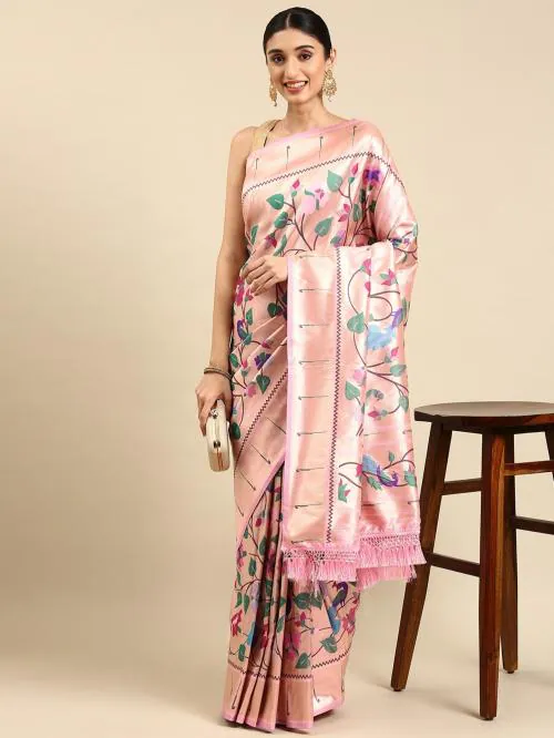 Pandadi Saree Womens Banarasi Silk Blend Paithani Saree With Blouse Piece (Light Pink)