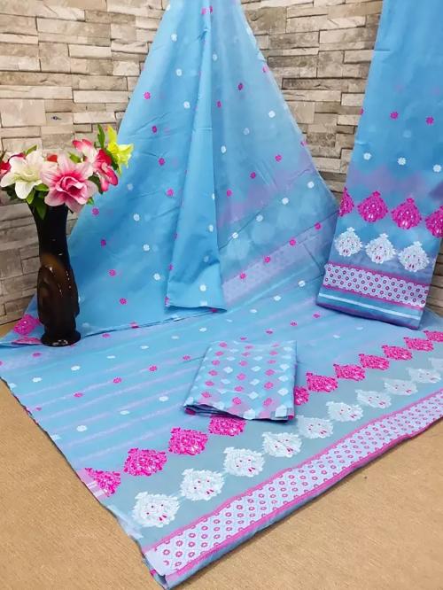 shubhkamna fashion Sky-Pink284 Woven, Self Design, Paisley, Ombre Cotton Silk, Jacquard Mekhela Chador