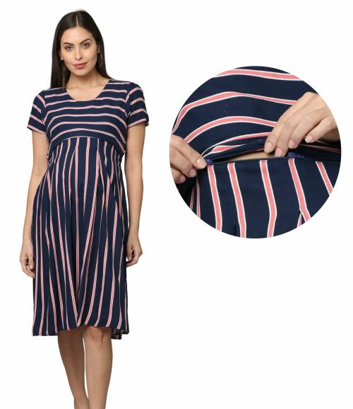 Morph Maternity | Maternity Dress For Women | With Hidden Horizontal Zip For Easy Breastfeeding | Fits During Pregnancy & Post Pregnancy | Soft Cotton | One Side Pocket | Navy | L