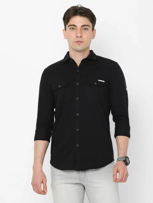 Fly69 Casual Men's Double Pocket Shirts Black Colour XXL Size | Slim Fit Casual Shirts | 100% Cotton Casual Shirts