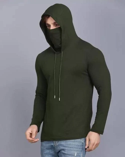 REVIZO Men & Women Mask Full Sleeve T-shirt / Hooded Sweatshirt,Olive