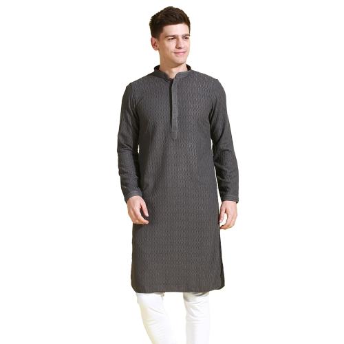 Sanwara Men's Grey Thread Work Chikankari Indian Style Cotton Kurta
