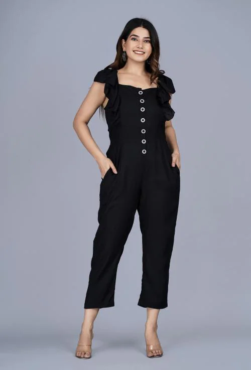 SIPETSTYLISH BEAUTIFUL SOLID JUMPSUIT FOR WOMEN AND GIRLS| FLARED SHORT SLEEVES SHOW BUTTONS AND TIE-UPS CASUAL WEAR AND PARTY WEAR BLACK JUMPSUIT IN RAYON FABRIC WITH POCKET