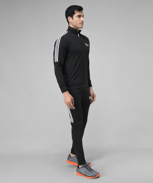 Veltick Men's Lycra Solid Side Stripe Black Tracksuit