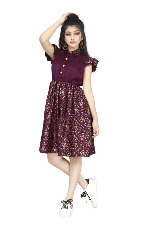 RK MANIYAR Elegant Foil Printed Collared Gown Party Wear Dress for Girls. ( Purple )