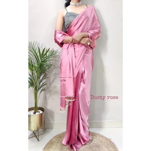 TULSI DESIGNER 1 Min Ready To Wear Women's Saree In Dusty Rose Premium Satin Silk