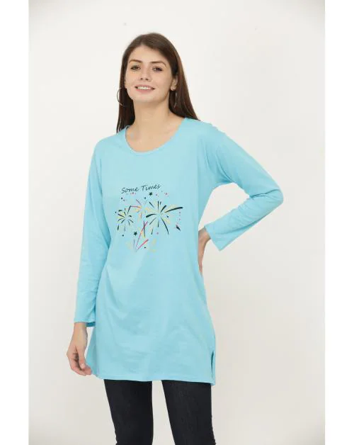 RRAVAYKI Cotton Printed Full Sleeves Round Neck Regular Fit T-Shirts/Top/Long Night Wear T-Shirt for Women's & Girls |Size-XL |Pack of 1|Sky Blue