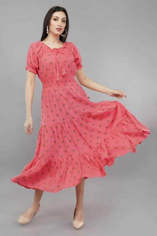 Shruthi Dress Women Dress Bombay Paisley Pink Ikkat Printed Tiered Dress For women