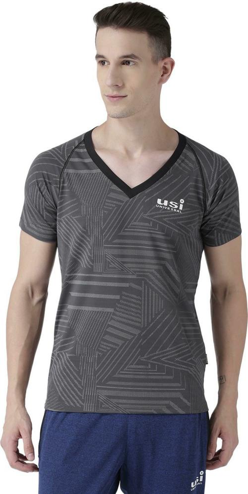 USI Men Grey Printed Polyester V Neck T-shirt