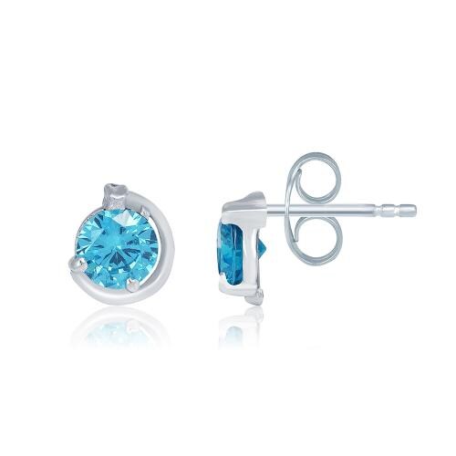 Zalkari Pure 925 Sterling Silver Womens Blue Solitaire Stud Earrings