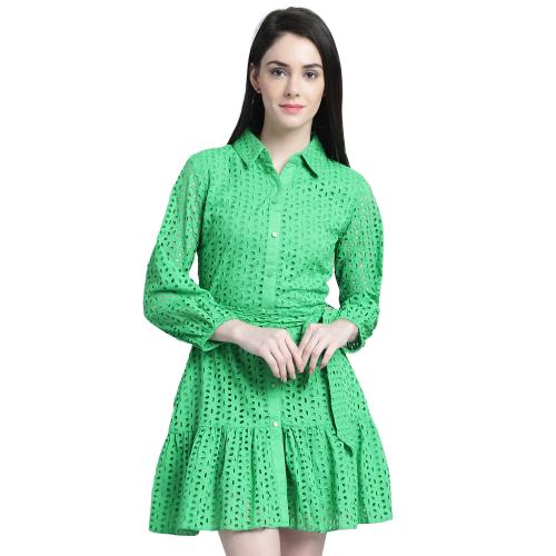 Marc Louis Self Design Shirt Collar Gathered Casual Fit & Flare Dress ML GREEN DRESS-S