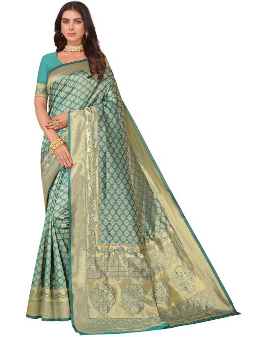 Leeza Store Women's Green Cotton Silk Blend Latest Kanjivaram Kanchipuram Golden Zari Woven Design Banarasi Saree