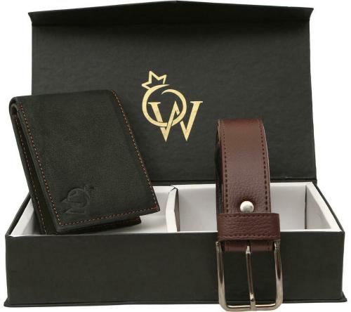 WO WITH THE MARK OF STAR Black Genuine Leather 5 Card Slots Men Wallet and 38 inch Belt