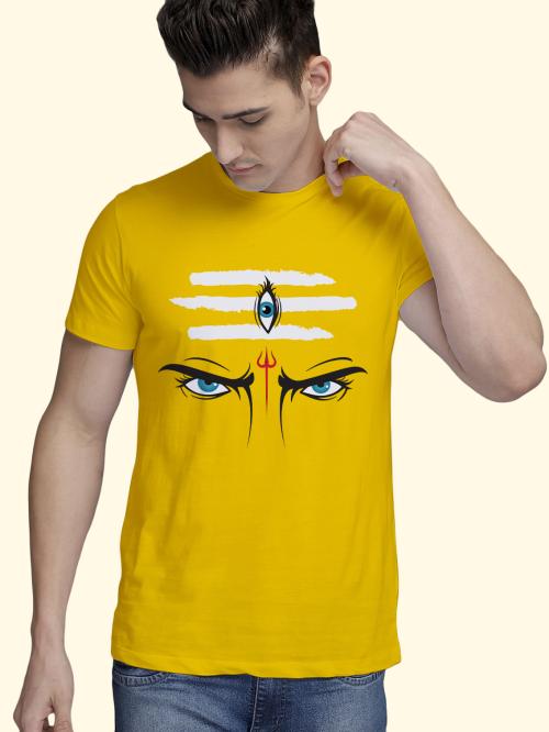BLISSINK SHIVA EYE Printed Yellow Cotton Tshirt for Men