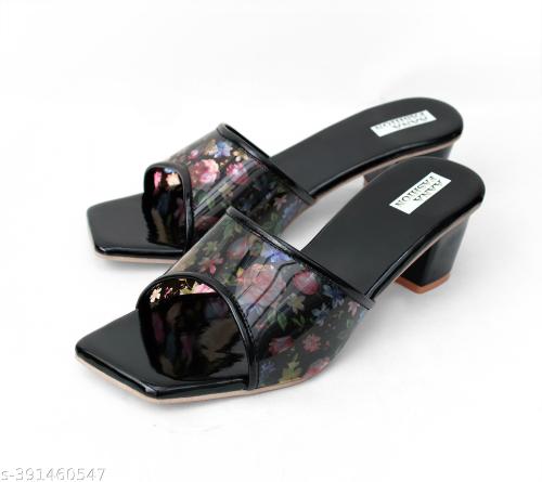 AANA FASHION Comfortable and Stylish printed Transparent Strap Block Heels Sandals for Women & Girls