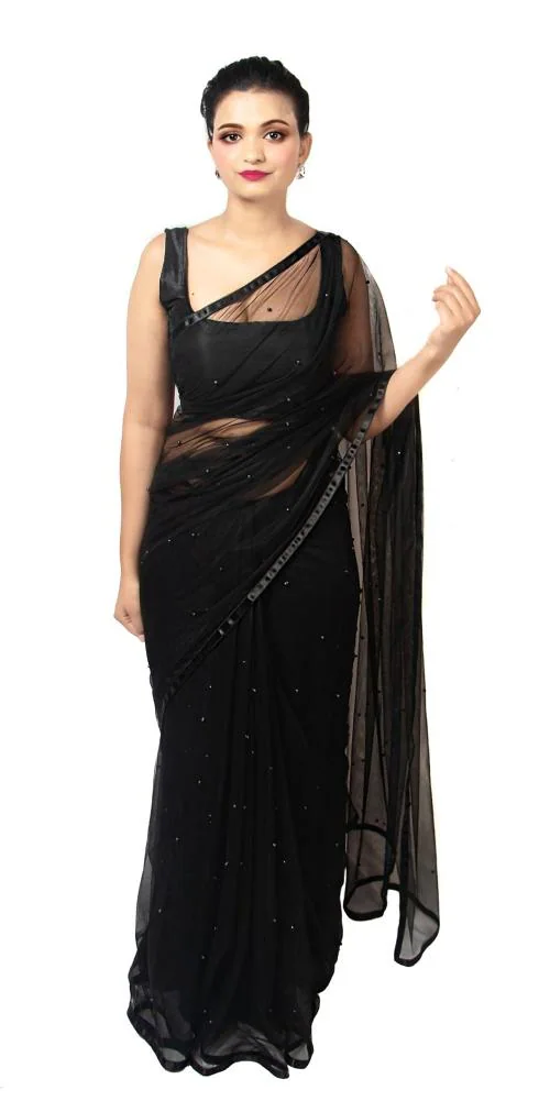 Wardrobe luxury by shreya women's Black Net saree with pearl work