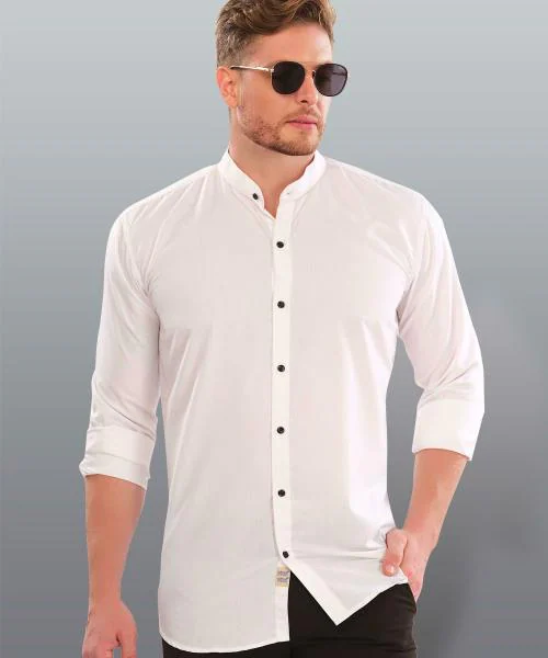 VebNor Cotton Blend Solid White Men Casual Shirts