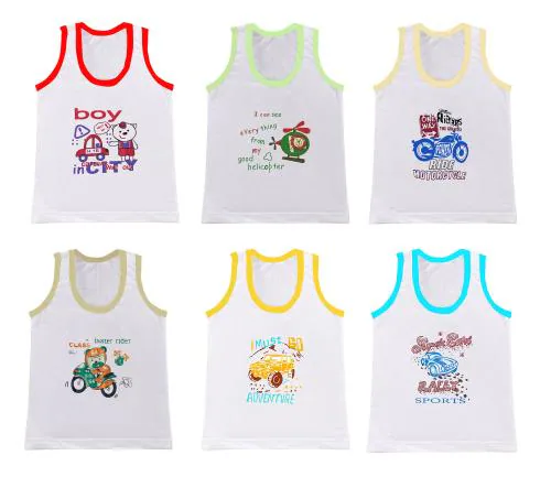 Neeba Kids Cotton White Striped Printed Vest for Boys, Summer Innerwear Undershirt Ganji Baniyan for New Born Baby Boy (Pack of 6)