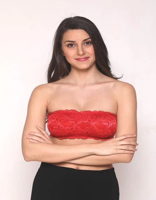 Fresh Look Red Lycra Lace Full Coverage Seamed Stripless Women Tube Bra