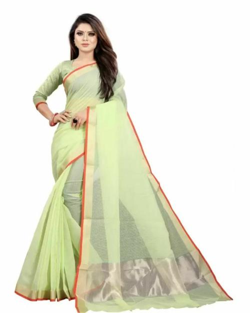 Today Deal Women's Parrot Green Cotton Silk Plain Saree With Blouse