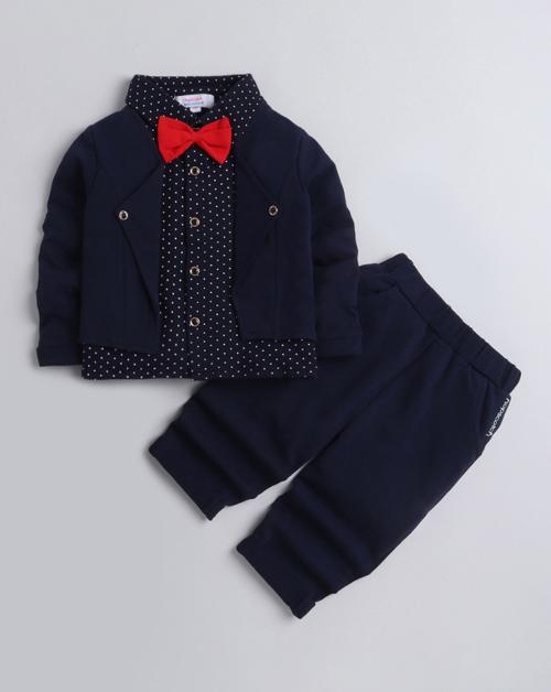 Hopscotch Boys Cotton And Spandex Polka Dot Print Shirt And Pant Set With Bow In Navy Colour For Ages 2-3 Years (SN-1569904)