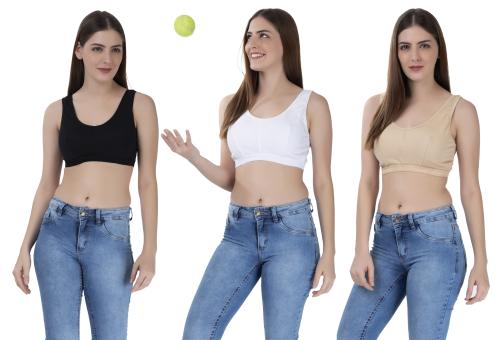 Sindhu is a Low Impact, Non-Padded, Wirefree, Stretch Cotton Sports Vest Bra for Girls & Women (Beige, White & Black) 40D