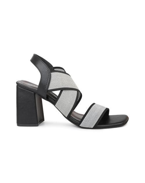 Design Crew Black Elastic Sandals With Ankle Strap on a Block Heel