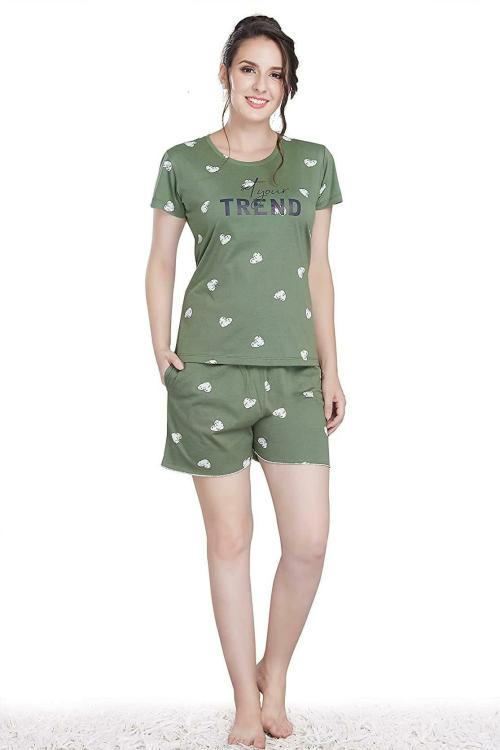 Quira Women Green All Over Print Soft Cotton Knits Bermuda Shorts Set (Large)