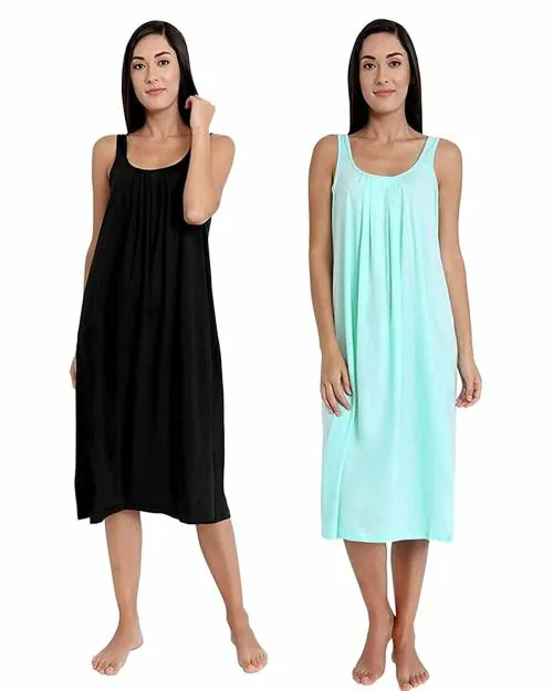 TWGE Cotton Full Length Camisole for Women - Long Inner wear Petticoat - Plus Size Nighty - Kurti and Suit Slip - Black & Aqua Pack of 2