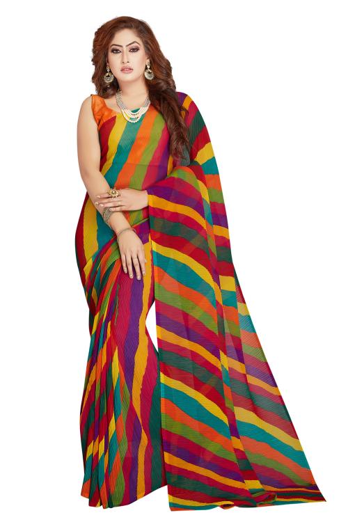 RANI SAAHIBA Women's Full Crushed Leheriya Printed Chiffon Saree Without Blouse Piece ( SKR9348_Multicolor )
