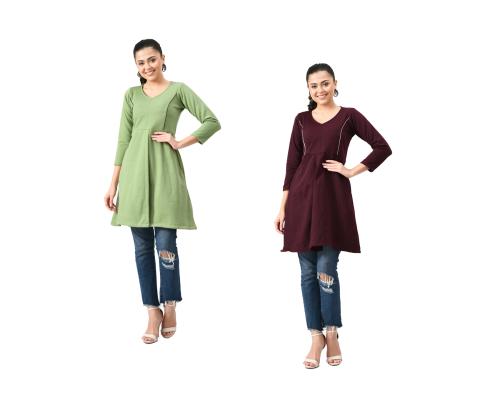 KAYU Women Solid stylish Fleece Warm Kurtis for Winters (Pack of 2)