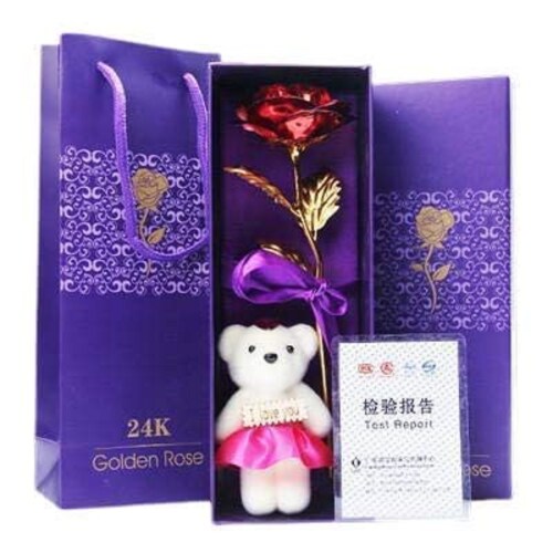 Bless Kraft Valentine Combo Gift for Girl Boy Red Metal Flower with Small Teddy Symbol of Love