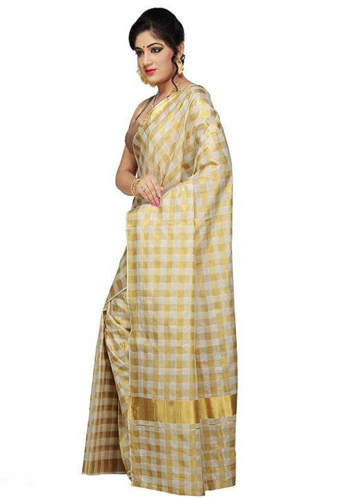 Fashionkiosks Women Pure Cotton Kerala Kasavu Saree With Attached Blouse Piece