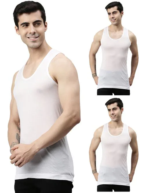 Lux Cozi White Double Peacock Premium Solid Pure Cotton Pack of 3 Vest