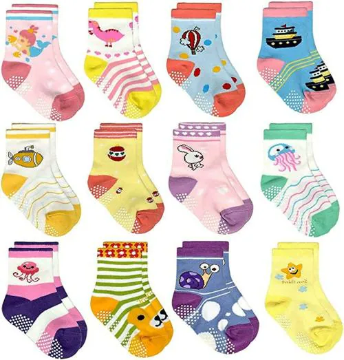 TEDDYIFY 12 Pairs Toddler Non Skid Socks with Grips Anti Slip Bottom, Cotton Non Slip Ankle Crew Socks for Boys, Girls, Kids (Girl, 2-3 Years)