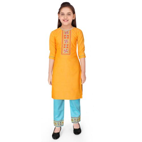 Sevgi Girl's Embroidered Kurti and Trouser Set (Yellow 13-14 Years)