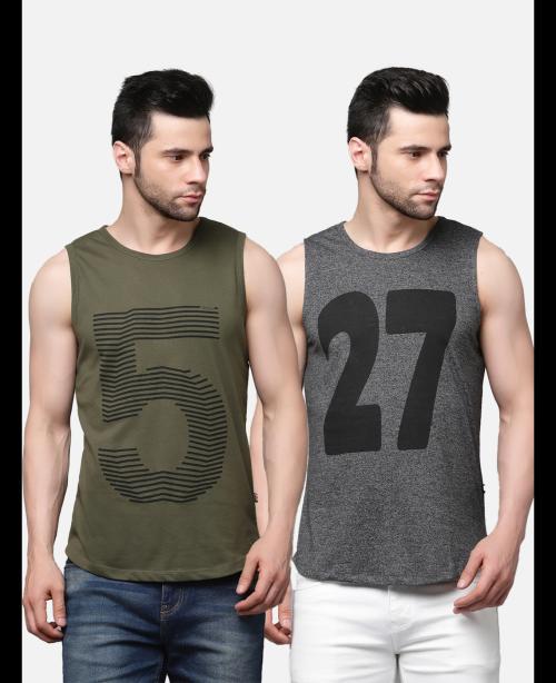 Rigo Men Combo of Olive Green and Charcoal Printed Vest T-shirts