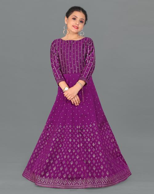 Fashion Dream Girls Purple Foil Printed Taffeta Dress | Dresses | Kids Wear | Girls Dress | Kids Dress | Dress | Dresses For Girls | Maxi Dress | Kids Girls Dress