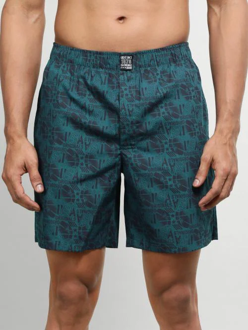 Jockey Style US57 Men's Super Combed Mercerized Cotton Woven Printed Boxer Shorts with Side Pocket - Seaport Teal