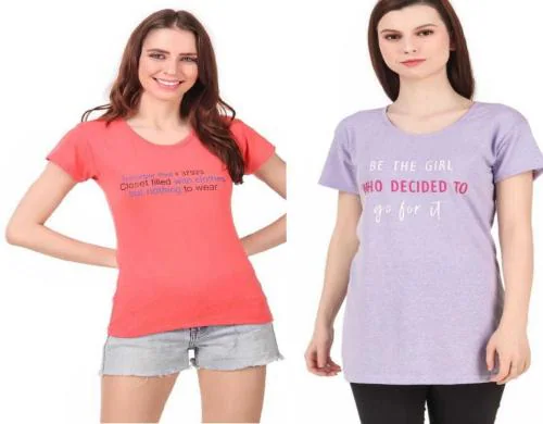 High Seas Women Multicolor Printed Cotton Blend Round Neck T-Shirts - XL (pack of 2)