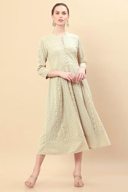 Soch Beige Georgette Anarkali Dress With Threadwork Embroidery