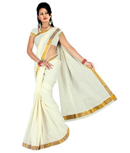 Fashionkiosks Women Beige And Cream Cotton Kerala Kasavu Saree With Blouse Piece