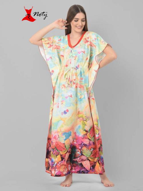 Noty Women's- Kaftan/Nighty/Maxi/Gown- Serena Fabric- V-Neck Vibrant Print (Multicolor, Free Size)