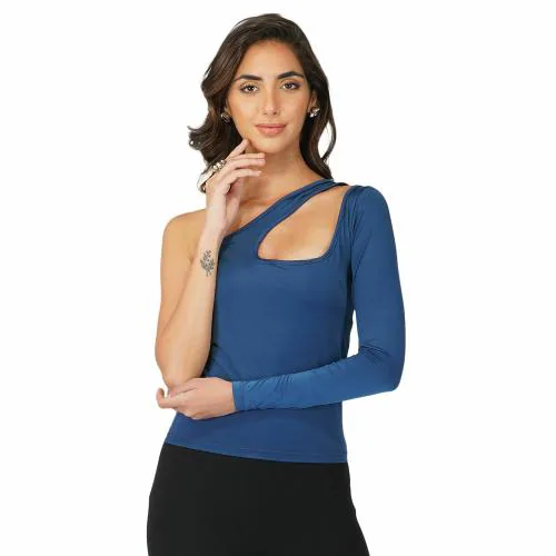 CHERI Womens Full Sleeve Casual One Shoulder Cut-Out Top Blue