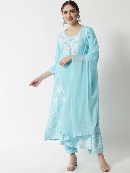AMIRA'S INDIA ETHNIC WEAR Womens Rayon Embroidered Anarkali Kurta Pant Dupatta Set (Sky blue)
