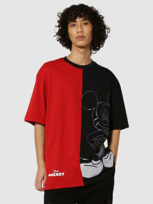 Bewakoof Men Mickey Mouse Color Blocked Red Short Sleeve Round Neck T-shirt